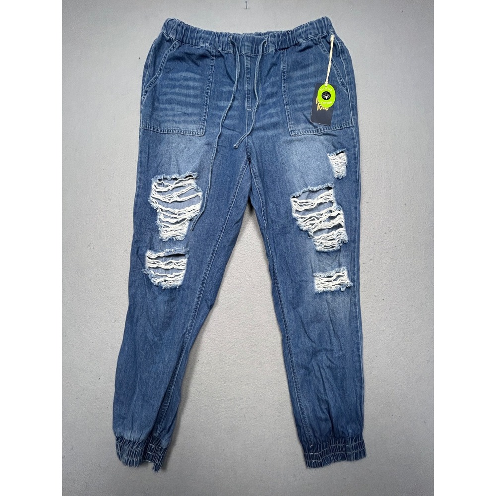 Indigo Rein Joggers Cotton Blend Distressed Blue Large Womens